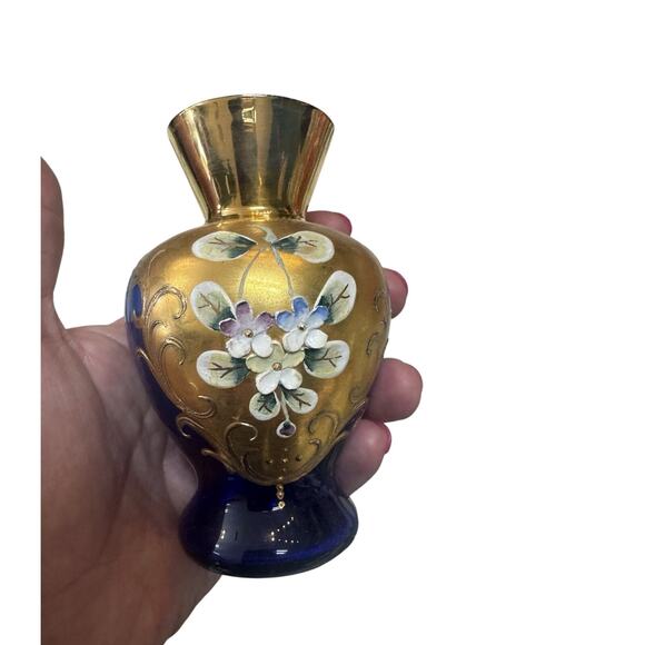 Hand-Painted Cobalt Blue Glass Vase w/3D Enamel Floral &24k Gold Gilt Detailing - Picture 1 of 6